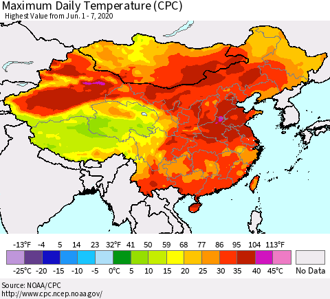 China, Mongolia and Taiwan Maximum Daily Temperature (CPC) Thematic Map For 6/1/2020 - 6/7/2020