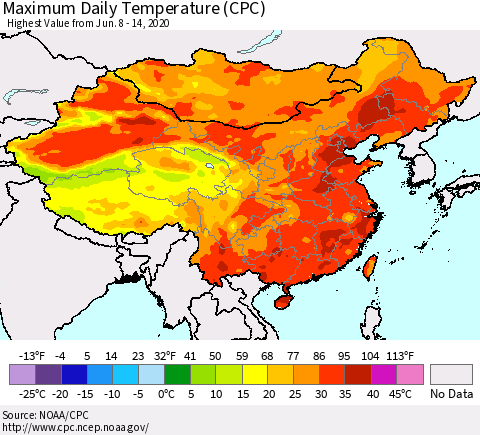 China, Mongolia and Taiwan Maximum Daily Temperature (CPC) Thematic Map For 6/8/2020 - 6/14/2020
