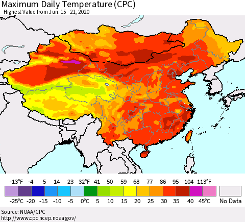 China, Mongolia and Taiwan Maximum Daily Temperature (CPC) Thematic Map For 6/15/2020 - 6/21/2020