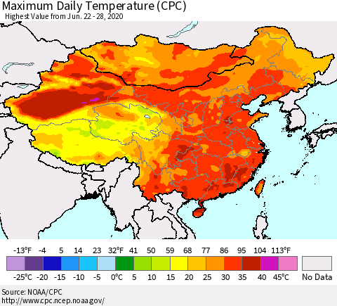 China, Mongolia and Taiwan Maximum Daily Temperature (CPC) Thematic Map For 6/22/2020 - 6/28/2020