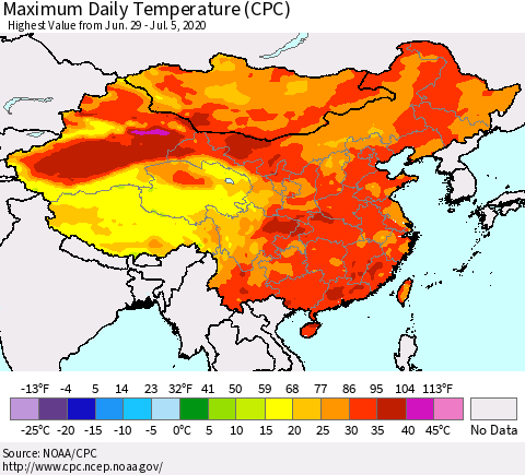 China, Mongolia and Taiwan Maximum Daily Temperature (CPC) Thematic Map For 6/29/2020 - 7/5/2020