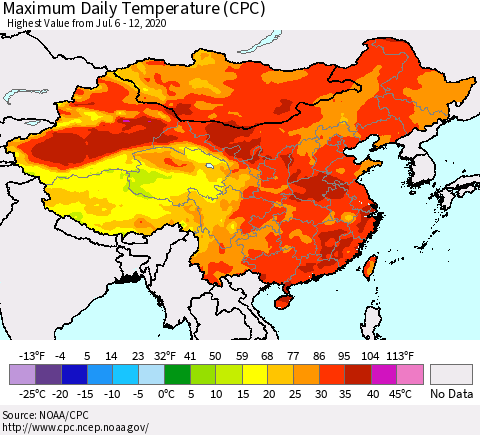 China, Mongolia and Taiwan Maximum Daily Temperature (CPC) Thematic Map For 7/6/2020 - 7/12/2020