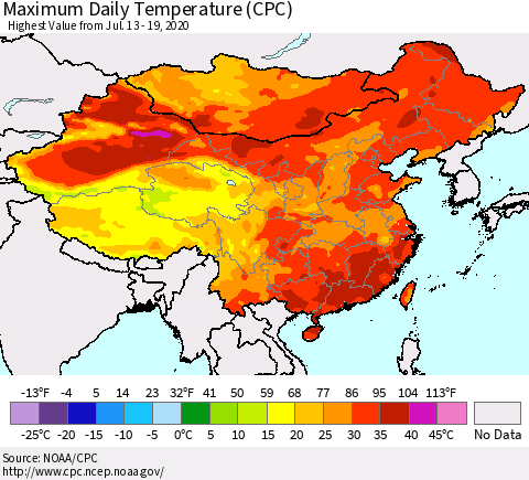 China, Mongolia and Taiwan Maximum Daily Temperature (CPC) Thematic Map For 7/13/2020 - 7/19/2020
