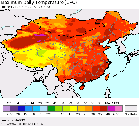 China, Mongolia and Taiwan Maximum Daily Temperature (CPC) Thematic Map For 7/20/2020 - 7/26/2020