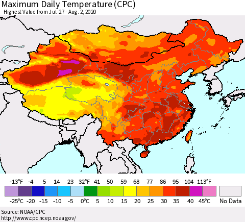 China, Mongolia and Taiwan Maximum Daily Temperature (CPC) Thematic Map For 7/27/2020 - 8/2/2020