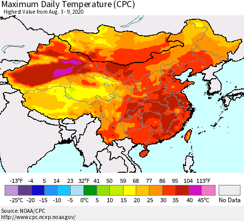 China, Mongolia and Taiwan Maximum Daily Temperature (CPC) Thematic Map For 8/3/2020 - 8/9/2020