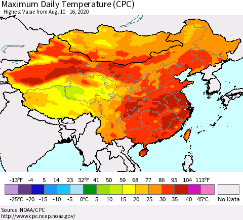 China, Mongolia and Taiwan Maximum Daily Temperature (CPC) Thematic Map For 8/10/2020 - 8/16/2020