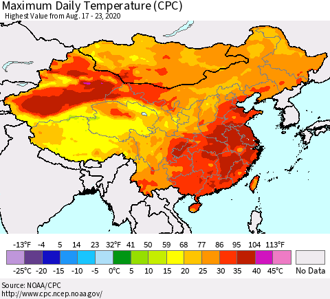 China, Mongolia and Taiwan Maximum Daily Temperature (CPC) Thematic Map For 8/17/2020 - 8/23/2020