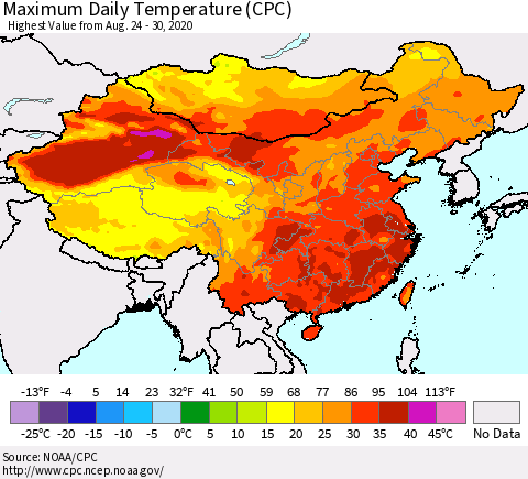 China, Mongolia and Taiwan Maximum Daily Temperature (CPC) Thematic Map For 8/24/2020 - 8/30/2020