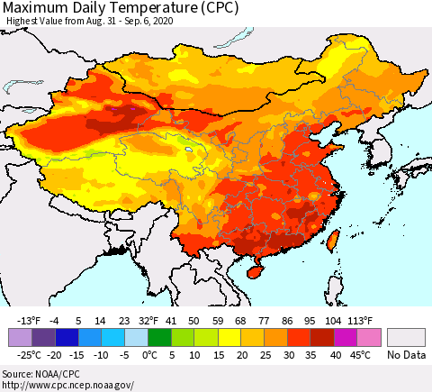China, Mongolia and Taiwan Maximum Daily Temperature (CPC) Thematic Map For 8/31/2020 - 9/6/2020