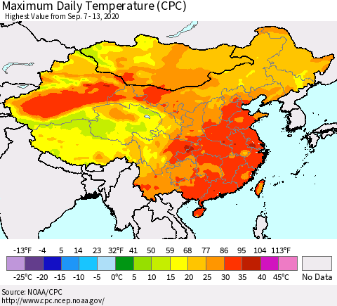 China, Mongolia and Taiwan Maximum Daily Temperature (CPC) Thematic Map For 9/7/2020 - 9/13/2020