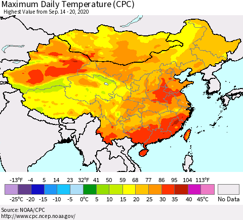 China, Mongolia and Taiwan Maximum Daily Temperature (CPC) Thematic Map For 9/14/2020 - 9/20/2020