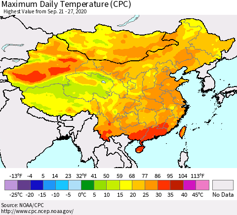 China, Mongolia and Taiwan Maximum Daily Temperature (CPC) Thematic Map For 9/21/2020 - 9/27/2020