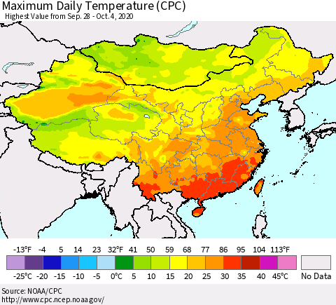 China, Mongolia and Taiwan Maximum Daily Temperature (CPC) Thematic Map For 9/28/2020 - 10/4/2020