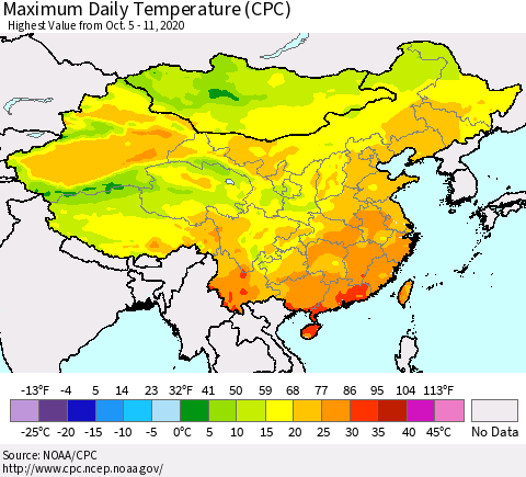 China, Mongolia and Taiwan Maximum Daily Temperature (CPC) Thematic Map For 10/5/2020 - 10/11/2020