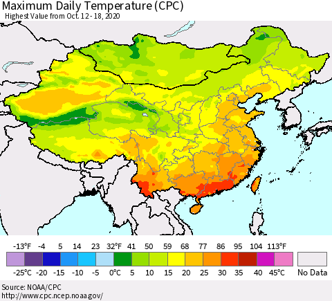 China, Mongolia and Taiwan Maximum Daily Temperature (CPC) Thematic Map For 10/12/2020 - 10/18/2020