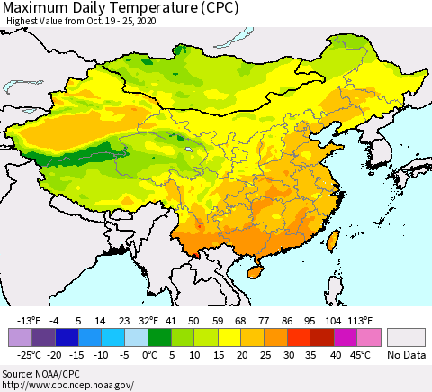 China, Mongolia and Taiwan Maximum Daily Temperature (CPC) Thematic Map For 10/19/2020 - 10/25/2020