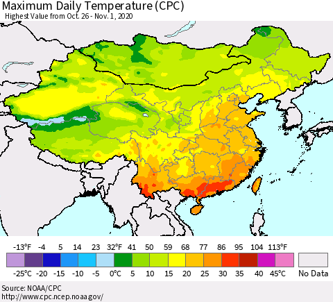 China, Mongolia and Taiwan Maximum Daily Temperature (CPC) Thematic Map For 10/26/2020 - 11/1/2020