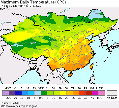 China, Mongolia and Taiwan Maximum Daily Temperature (CPC) Thematic Map For 11/2/2020 - 11/8/2020