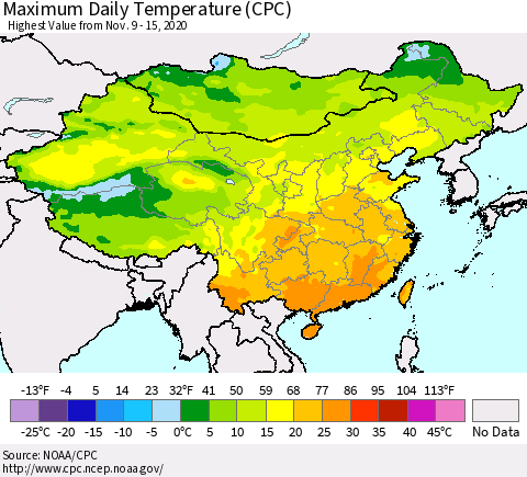 China, Mongolia and Taiwan Maximum Daily Temperature (CPC) Thematic Map For 11/9/2020 - 11/15/2020