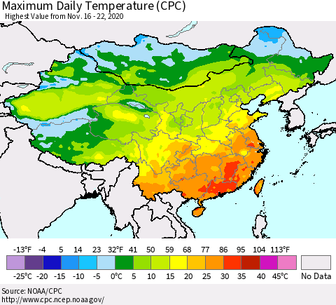 China, Mongolia and Taiwan Maximum Daily Temperature (CPC) Thematic Map For 11/16/2020 - 11/22/2020