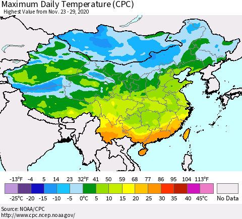 China, Mongolia and Taiwan Maximum Daily Temperature (CPC) Thematic Map For 11/23/2020 - 11/29/2020