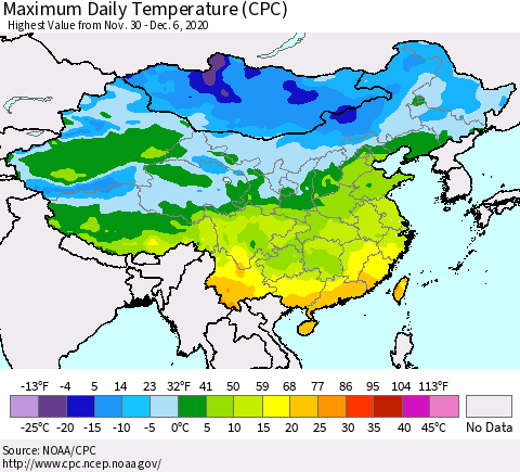 China, Mongolia and Taiwan Maximum Daily Temperature (CPC) Thematic Map For 11/30/2020 - 12/6/2020