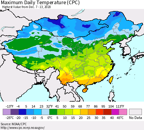 China, Mongolia and Taiwan Maximum Daily Temperature (CPC) Thematic Map For 12/7/2020 - 12/13/2020