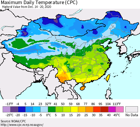 China, Mongolia and Taiwan Maximum Daily Temperature (CPC) Thematic Map For 12/14/2020 - 12/20/2020