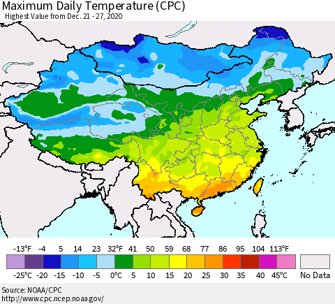 China, Mongolia and Taiwan Maximum Daily Temperature (CPC) Thematic Map For 12/21/2020 - 12/27/2020