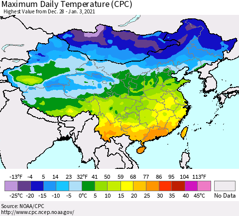 China, Mongolia and Taiwan Maximum Daily Temperature (CPC) Thematic Map For 12/28/2020 - 1/3/2021