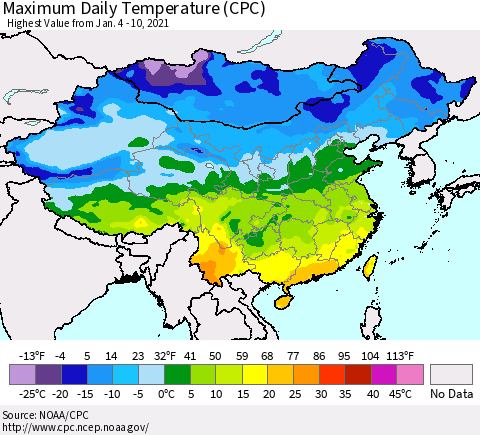 China, Mongolia and Taiwan Maximum Daily Temperature (CPC) Thematic Map For 1/4/2021 - 1/10/2021