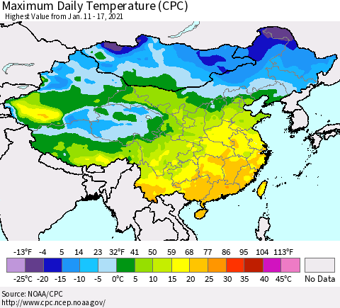 China, Mongolia and Taiwan Maximum Daily Temperature (CPC) Thematic Map For 1/11/2021 - 1/17/2021
