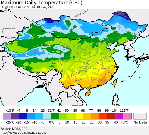 China, Mongolia and Taiwan Maximum Daily Temperature (CPC) Thematic Map For 1/18/2021 - 1/24/2021