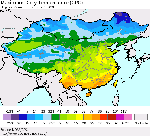 China, Mongolia and Taiwan Maximum Daily Temperature (CPC) Thematic Map For 1/25/2021 - 1/31/2021