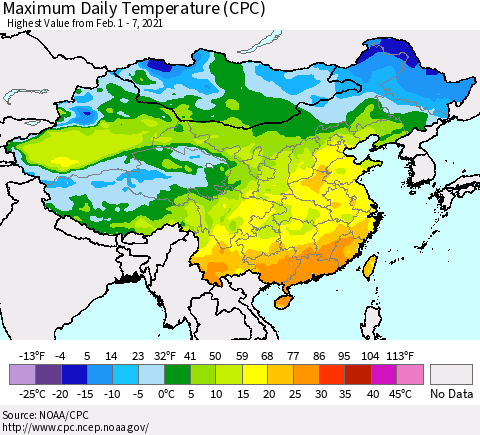 China, Mongolia and Taiwan Maximum Daily Temperature (CPC) Thematic Map For 2/1/2021 - 2/7/2021