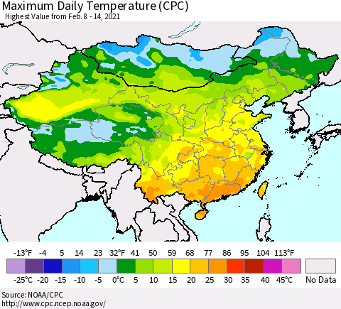 China, Mongolia and Taiwan Maximum Daily Temperature (CPC) Thematic Map For 2/8/2021 - 2/14/2021