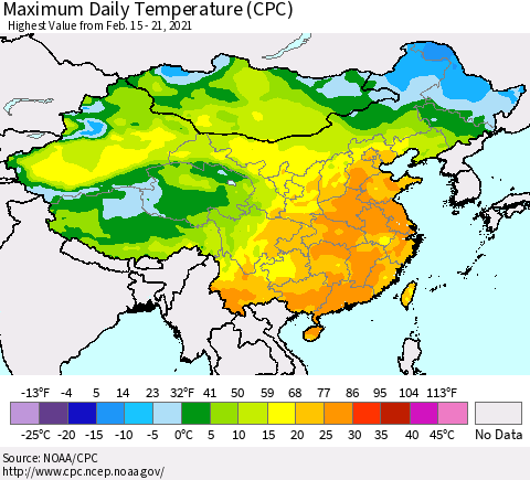 China, Mongolia and Taiwan Maximum Daily Temperature (CPC) Thematic Map For 2/15/2021 - 2/21/2021