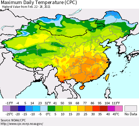 China, Mongolia and Taiwan Maximum Daily Temperature (CPC) Thematic Map For 2/22/2021 - 2/28/2021
