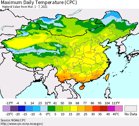China, Mongolia and Taiwan Maximum Daily Temperature (CPC) Thematic Map For 3/1/2021 - 3/7/2021