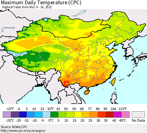 China, Mongolia and Taiwan Maximum Daily Temperature (CPC) Thematic Map For 3/8/2021 - 3/14/2021