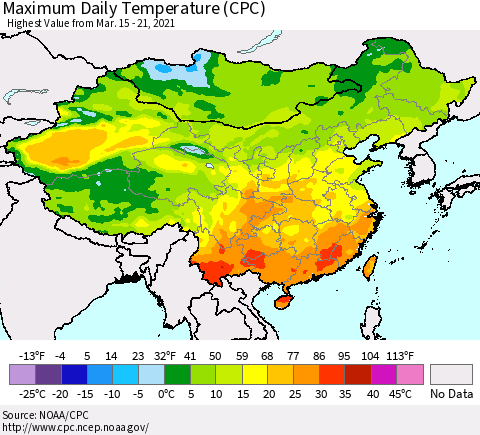 China, Mongolia and Taiwan Maximum Daily Temperature (CPC) Thematic Map For 3/15/2021 - 3/21/2021
