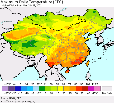 China, Mongolia and Taiwan Maximum Daily Temperature (CPC) Thematic Map For 3/22/2021 - 3/28/2021
