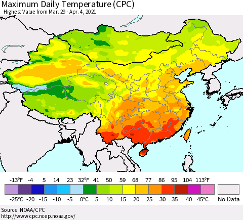 China, Mongolia and Taiwan Maximum Daily Temperature (CPC) Thematic Map For 3/29/2021 - 4/4/2021