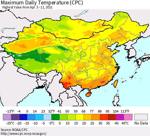China, Mongolia and Taiwan Maximum Daily Temperature (CPC) Thematic Map For 4/5/2021 - 4/11/2021