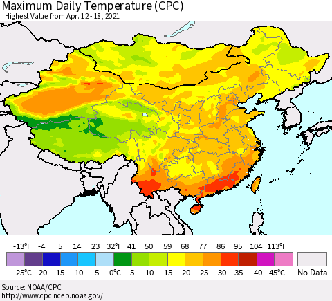 China, Mongolia and Taiwan Maximum Daily Temperature (CPC) Thematic Map For 4/12/2021 - 4/18/2021