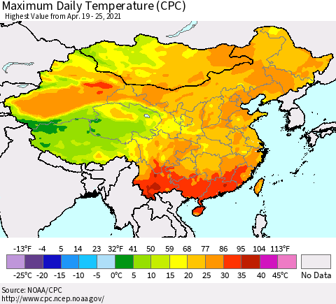 China, Mongolia and Taiwan Maximum Daily Temperature (CPC) Thematic Map For 4/19/2021 - 4/25/2021