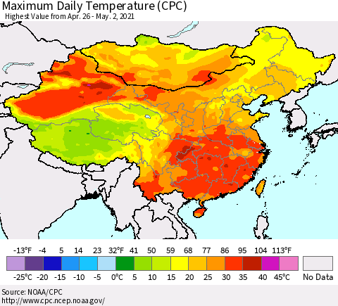 China, Mongolia and Taiwan Maximum Daily Temperature (CPC) Thematic Map For 4/26/2021 - 5/2/2021