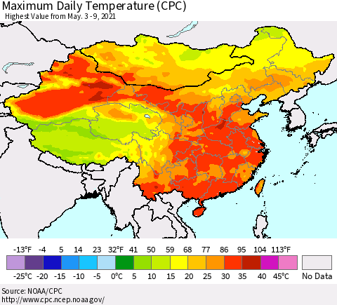 China, Mongolia and Taiwan Maximum Daily Temperature (CPC) Thematic Map For 5/3/2021 - 5/9/2021
