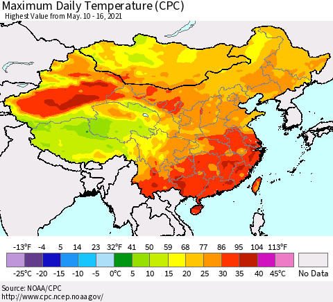 China, Mongolia and Taiwan Maximum Daily Temperature (CPC) Thematic Map For 5/10/2021 - 5/16/2021